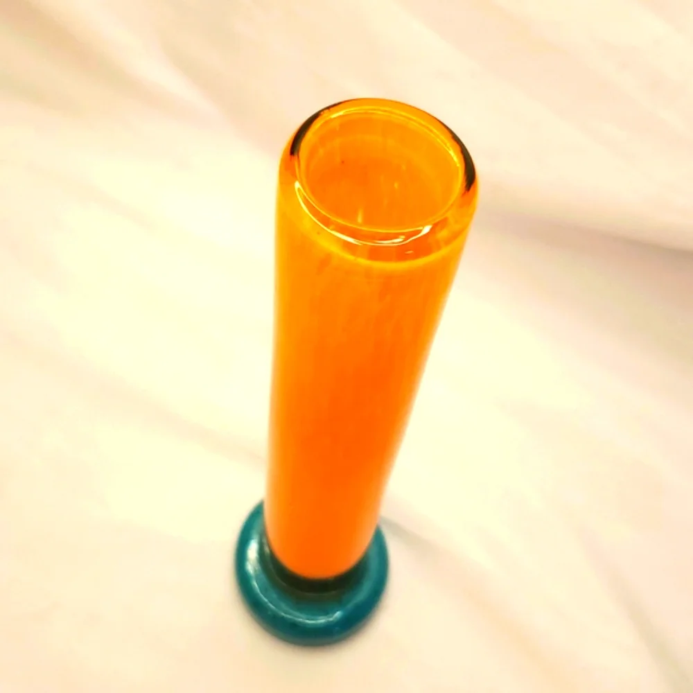 90s Hand Blown Glass O'Dell 99 Vase Orange Teal Signed Fall Colors Decor